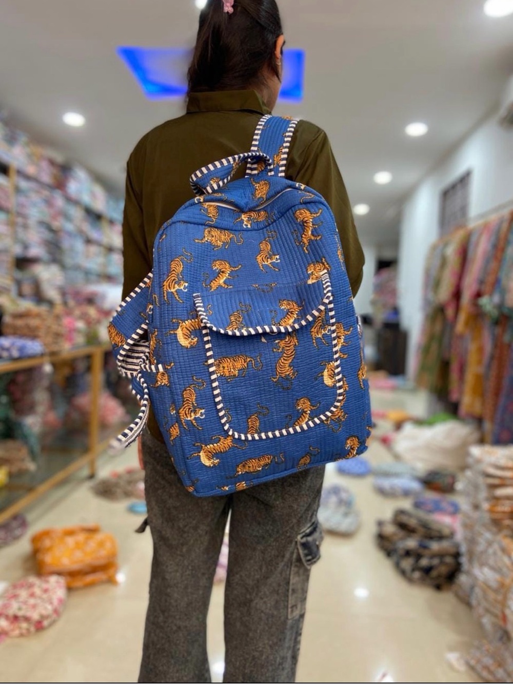 Blue Tiger Print Quilted Backpack - Unbranded